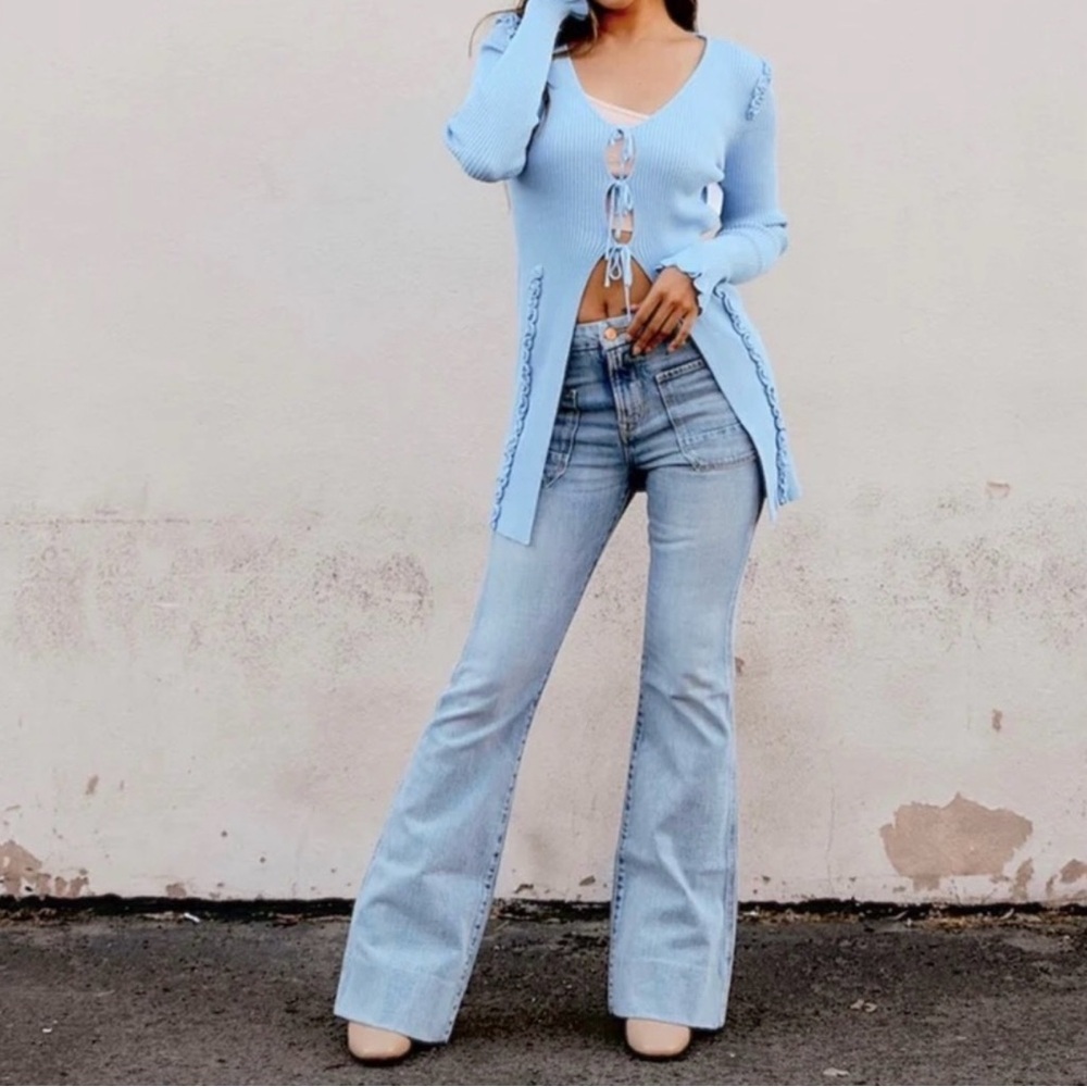 Porter Blue High Rise “The Wanderer Flare” with Sailor Patch Pockets, Size 28